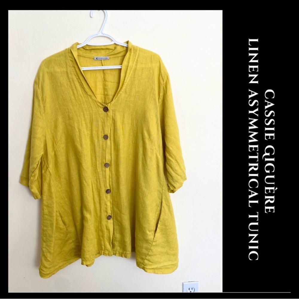 Cassie Giguère Women's Yellow Button-Front 100% Linen Tunic Top Size L EUC